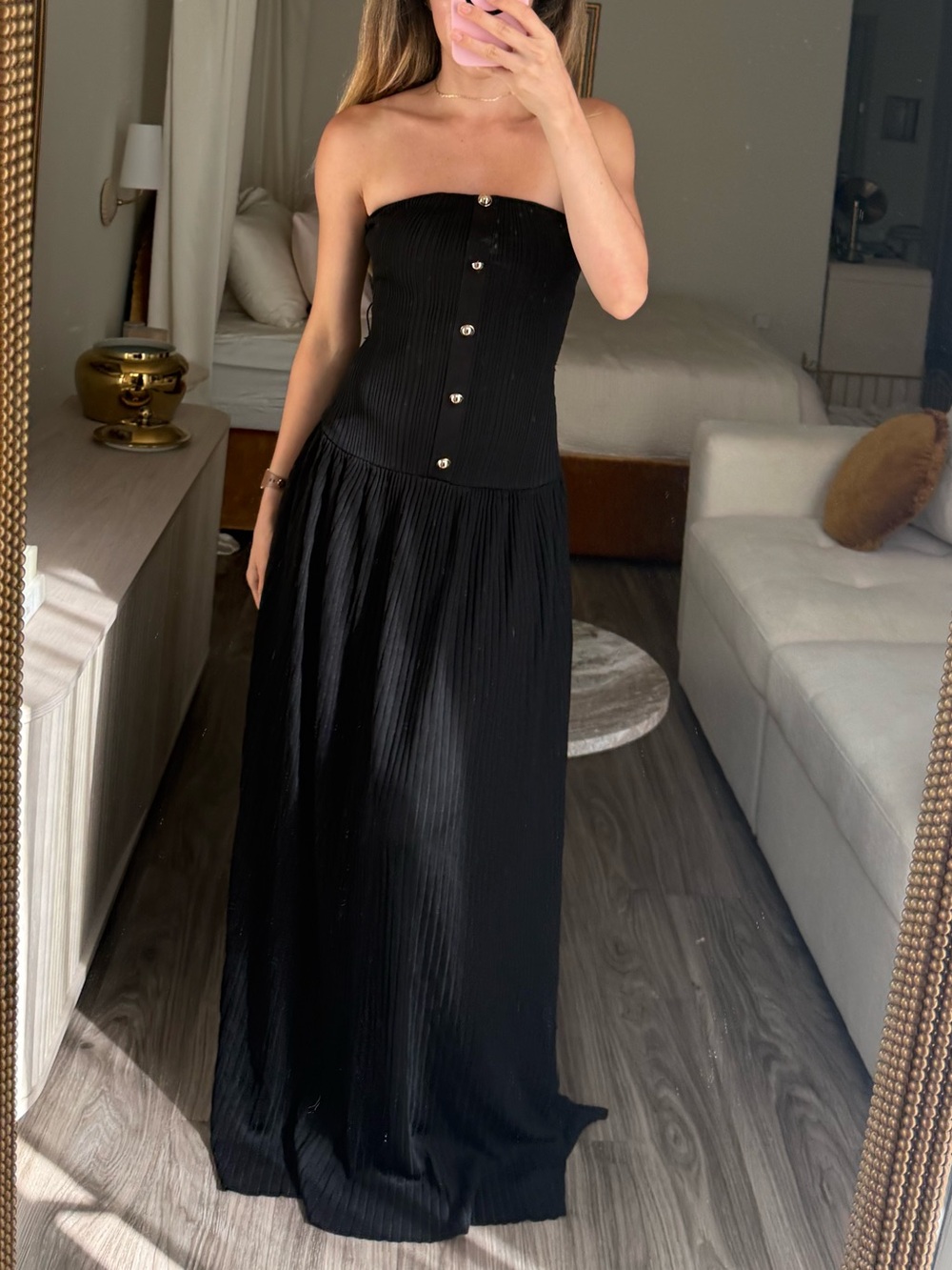 Self-Portrait Black Bandeau Knit Strapless Maxi Dress Gold Buttons Size S - Picture 3 of 16